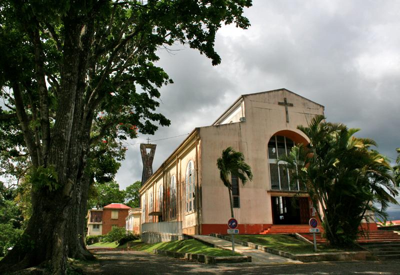 Guadeloupe, city of Petit-Bourg. Sainte-Thérèse de l'enfant Jésus Church. The bell tower, away, built in 1958