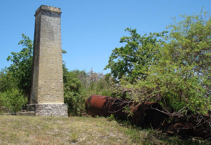 Habitation La Mahaudière - Anse-Bertrand: yellow brick chimney and vestiges of the factory