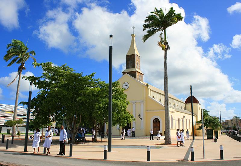 Notre-Dame de la Visitation, Port-Louis, Guadeloupe. Bell tower, aisle and gate